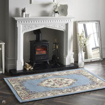 Shensi Traditional Floral Aubusson Medallion Border French-Style Hand-Carved Hi-Low Textured Soft Durable Wool Powder Blue Rug-Origins-Rug Love - The Most Loved Rug Store